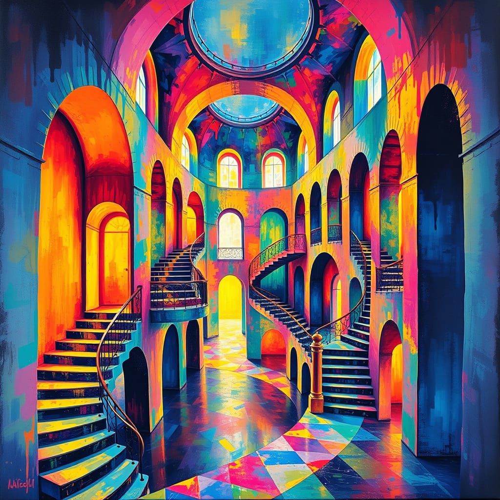 Surreal Impossible Architecture in Acrylic Splash Art Style