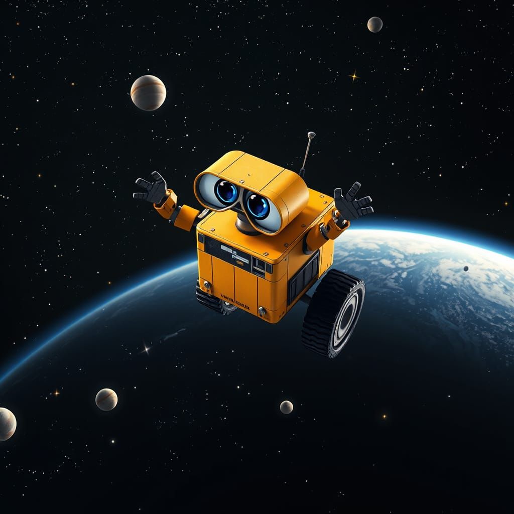 Wall-E Soars Through Starry Space, Earth Below