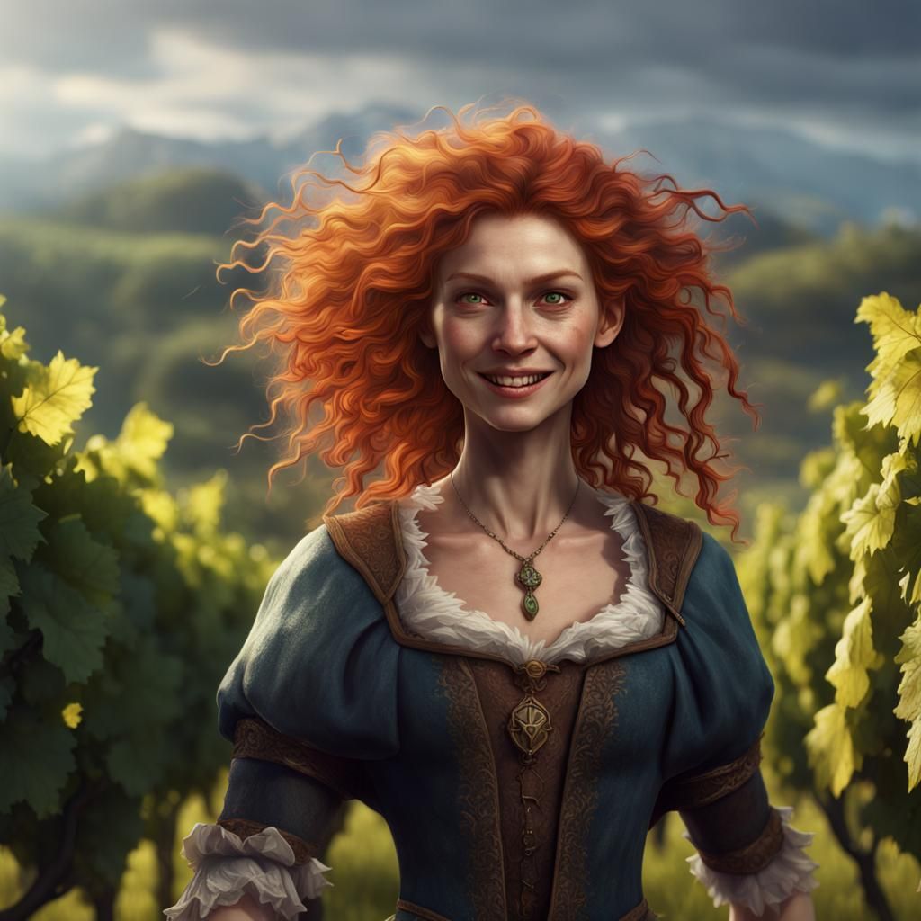 Joyful Ginger Girl Running Through Vineyard