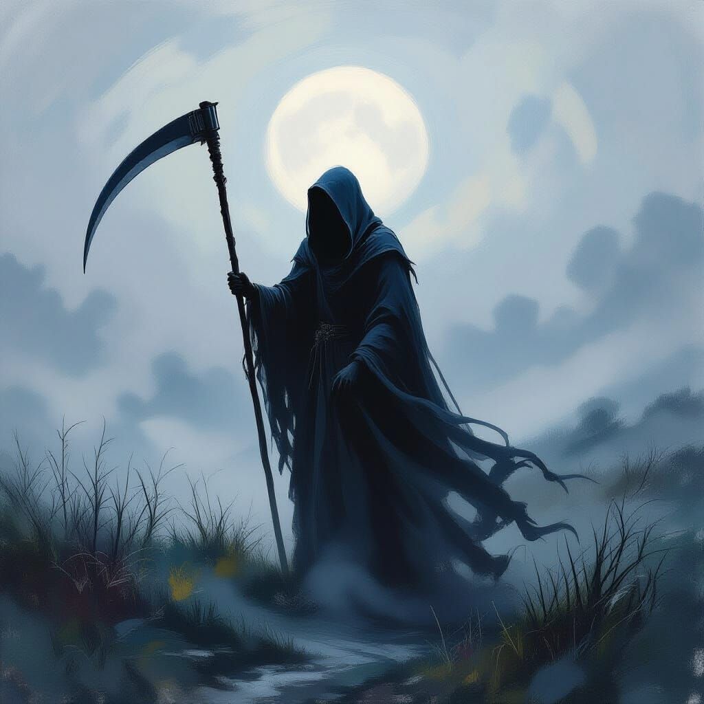 Grim Reaper in Misty Landscape as Impressionist Painting