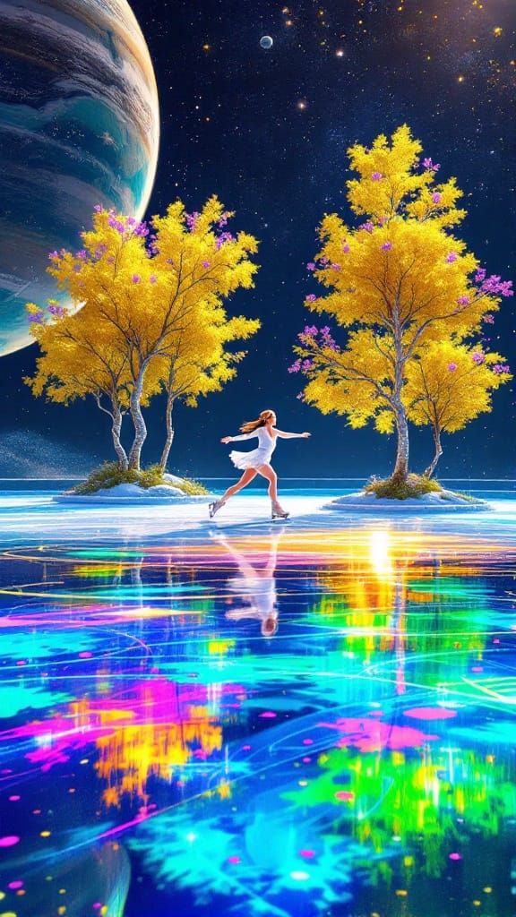 Ice rink on a orbital planet the ice is rainbow colored and light surrounding the rink are natural iridescent dark blue ...