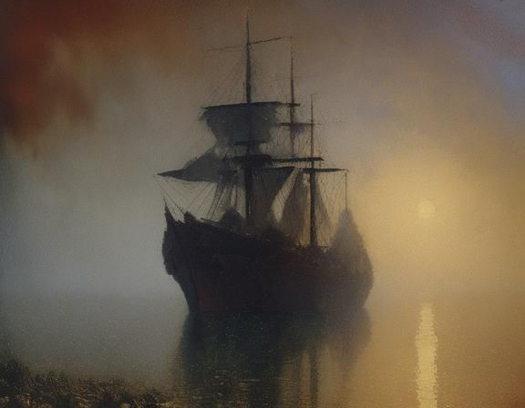 Victorian 19th Century Ship in Harbor, man on dock holding up a little lantern, foggy atmospheric liminal hazy misty wea...