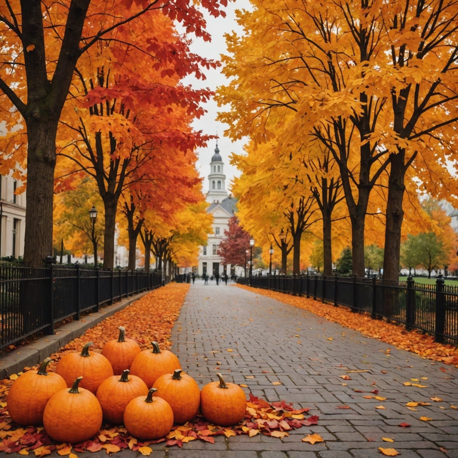 Picturesque Autumn Landscape with Pumpkins and Script