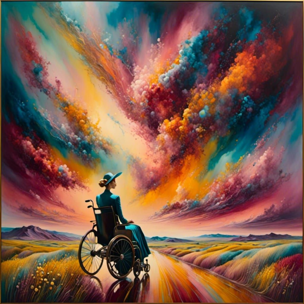Woman in Wheelchair Under Surreal Nebula Sky