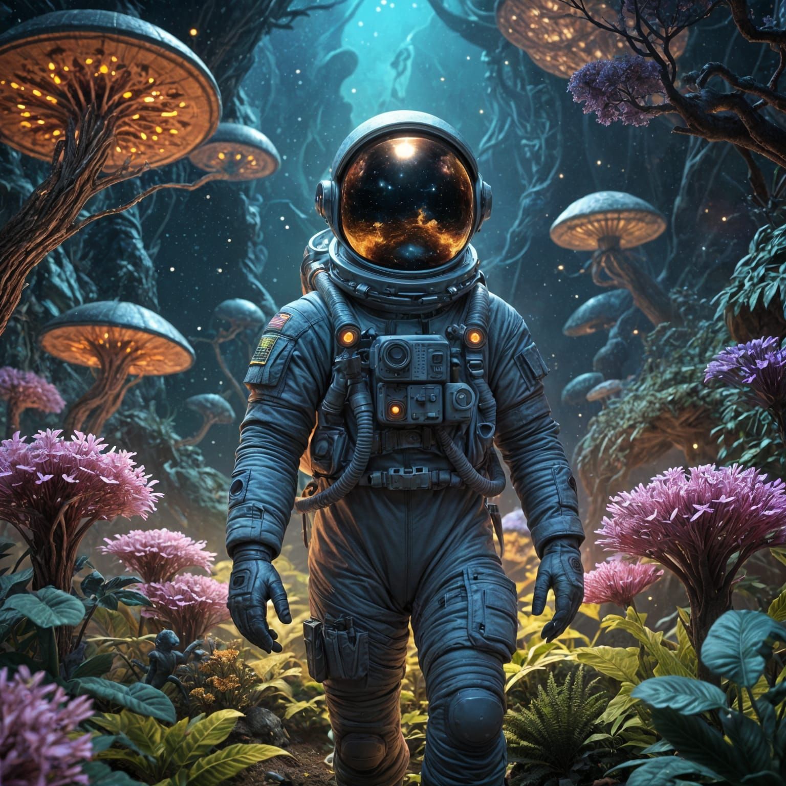 Astronaut Discovers Bioluminescent Alien Garden in Nebula