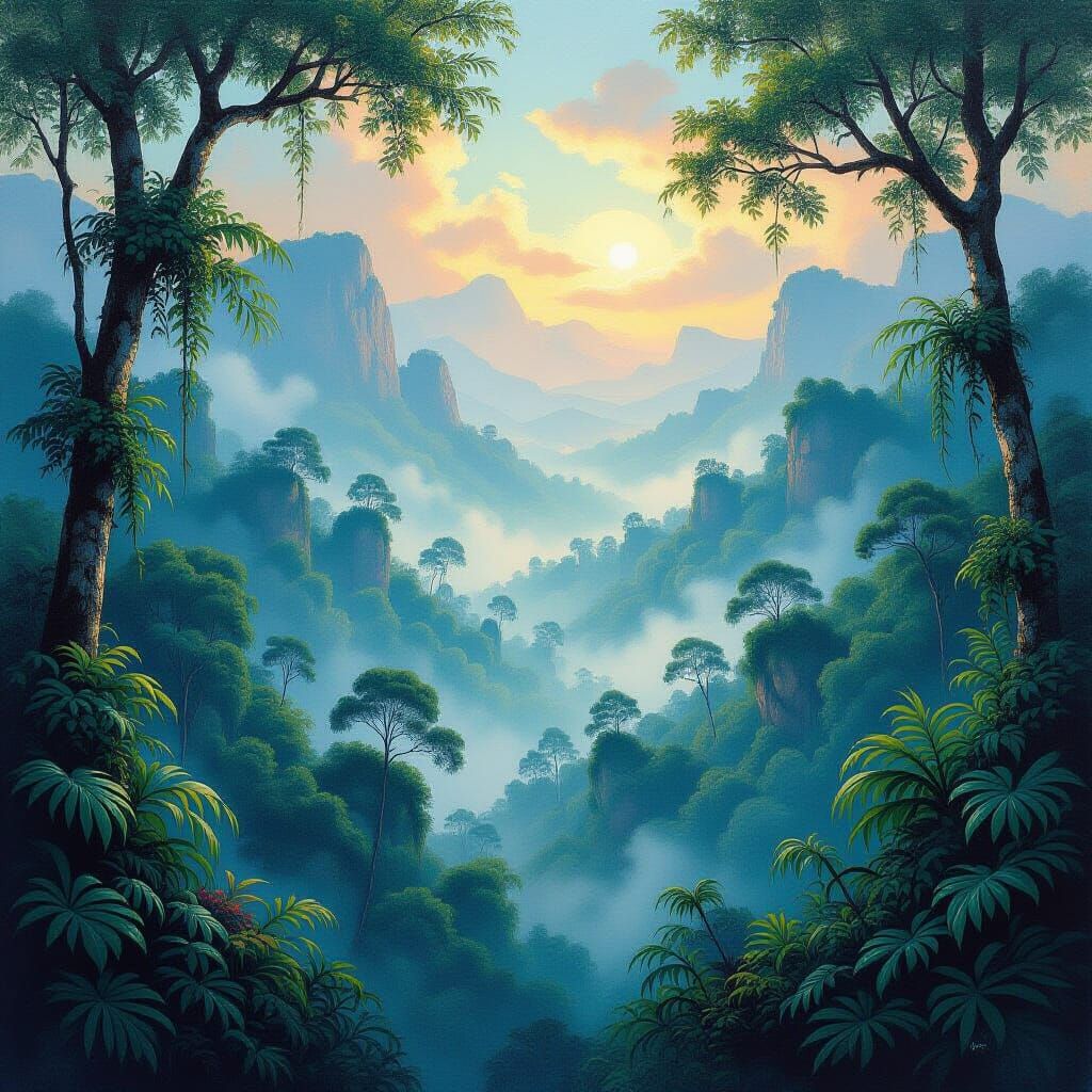 African Jungle Landscape in Impasto Gouache Style