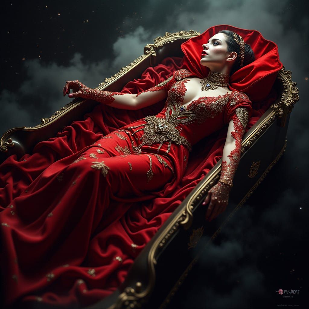 Ethereal Space Vampire in Crimson Velvet Coffin