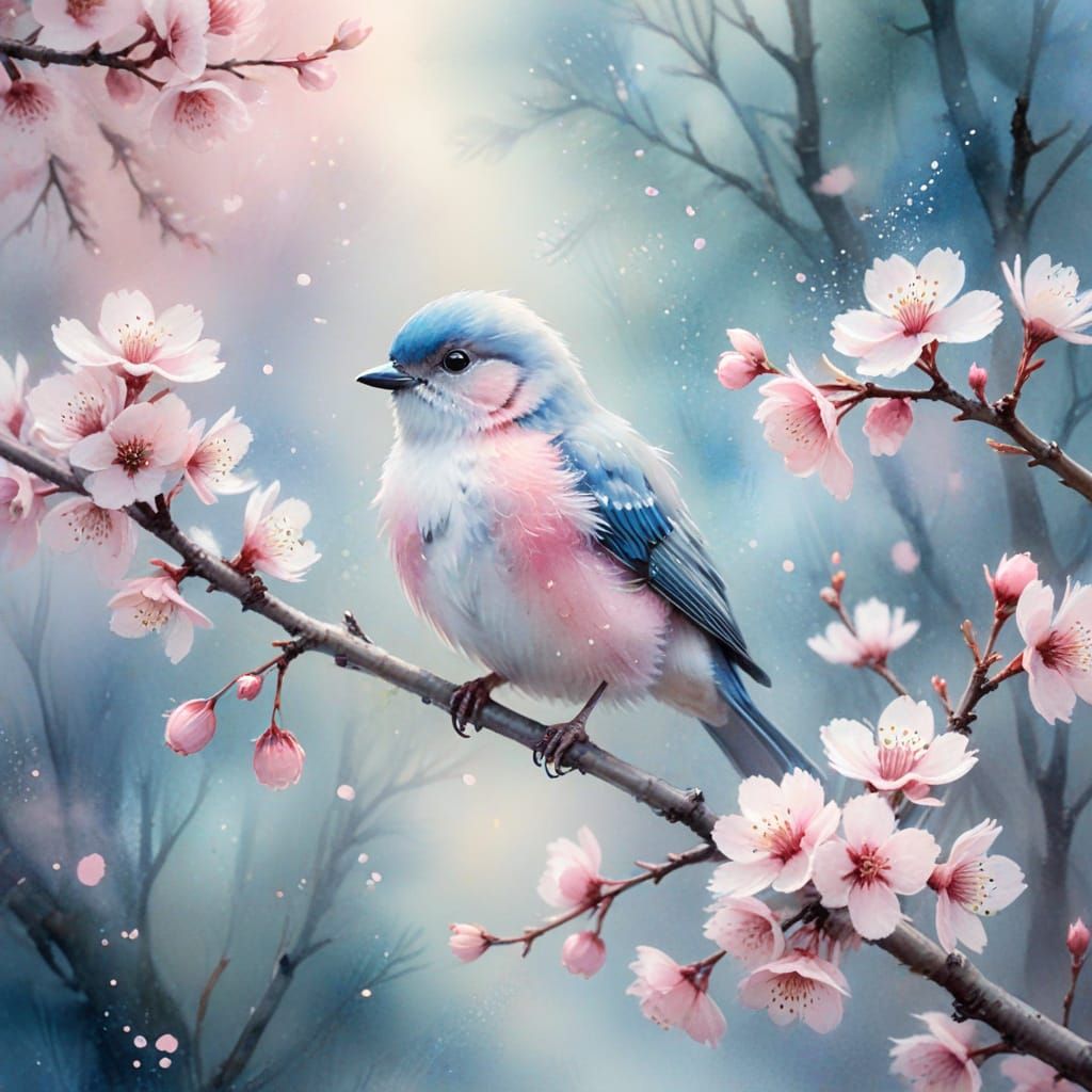Dreamy Watercolor Bird on Cherry Blossoms