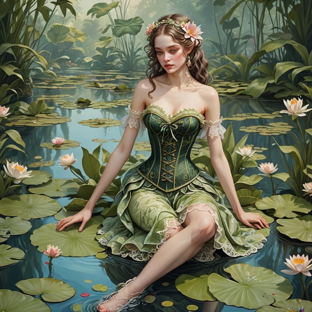 Frog in Corset on Lily Pad, Street Art Style