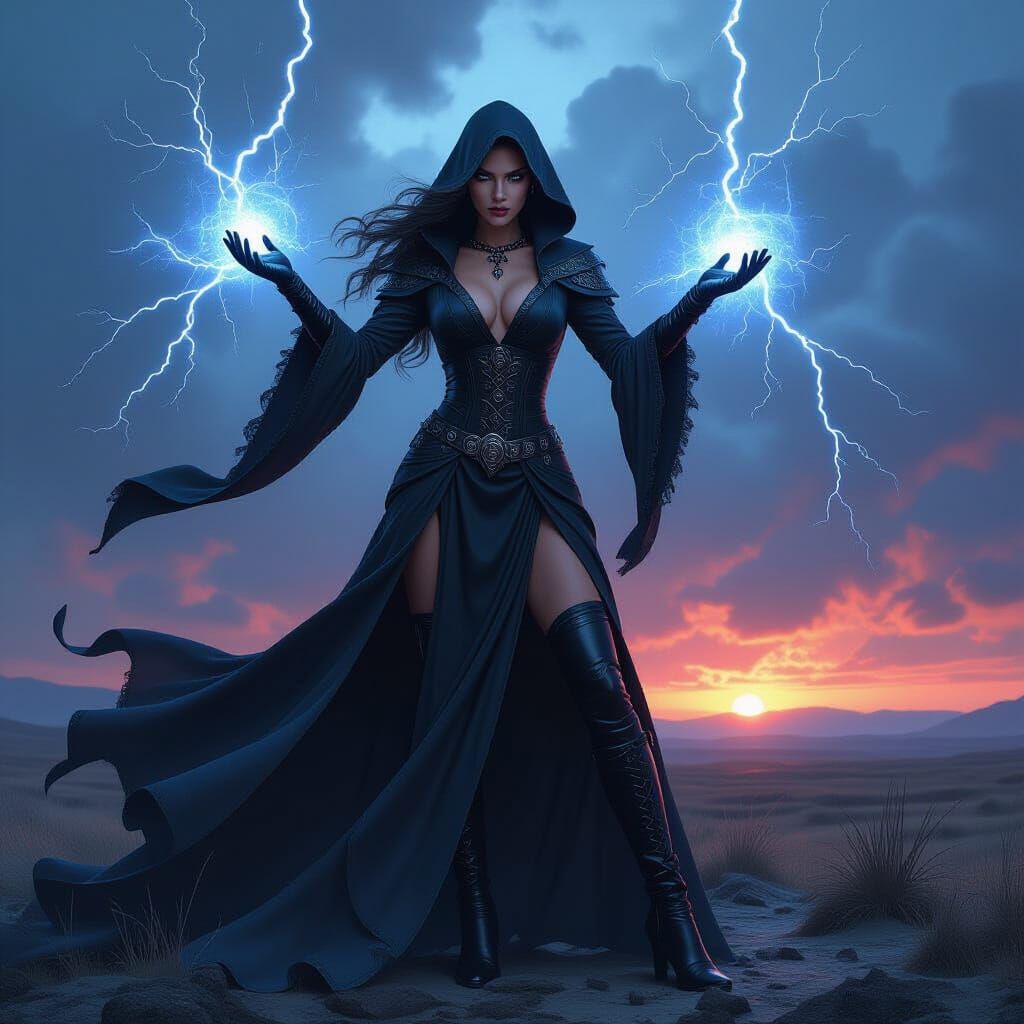 Sorceress Conjuring Magical Storm in Concept Art Style