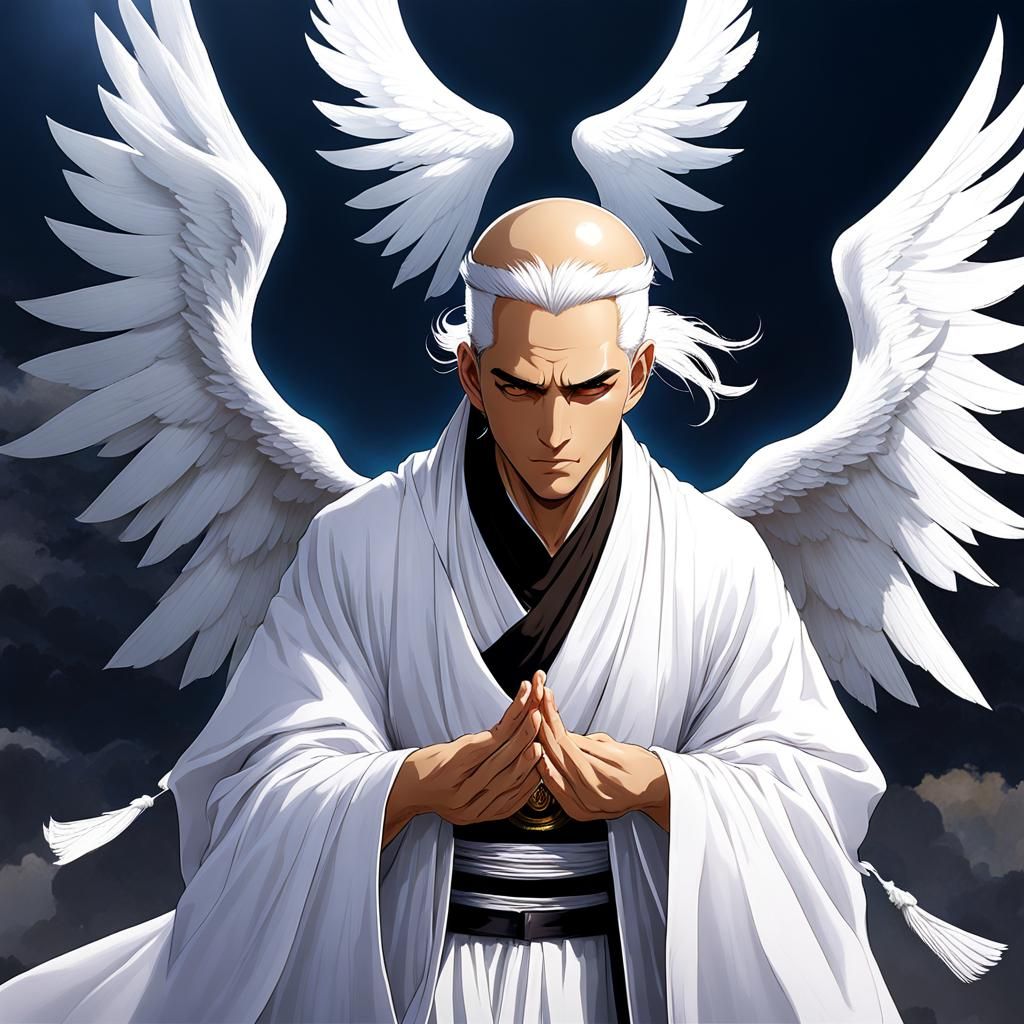 Monk with Angel Wing in Monochrome