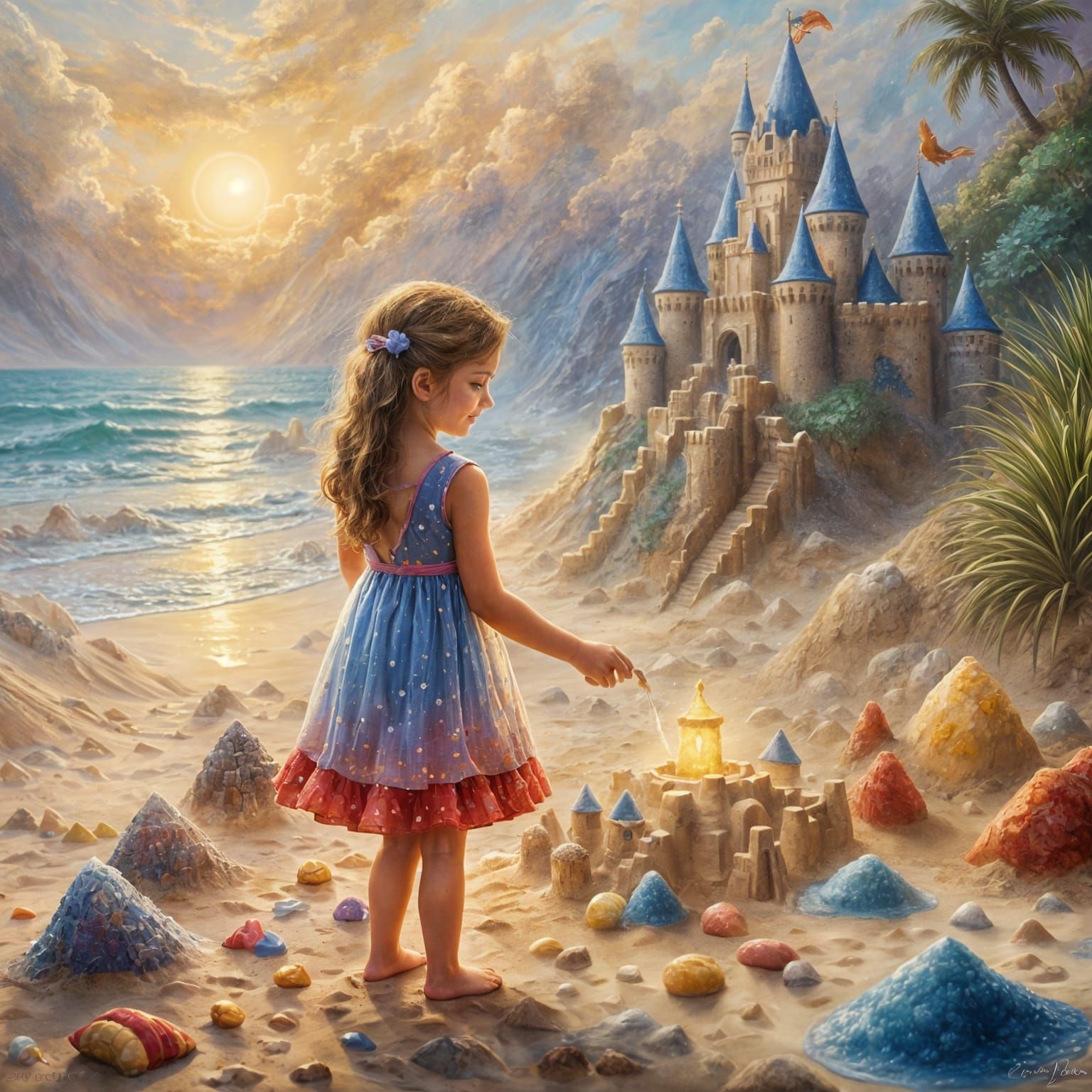 Happy Girl Making Sandcastle: Hyperdetailed Fantasy Art