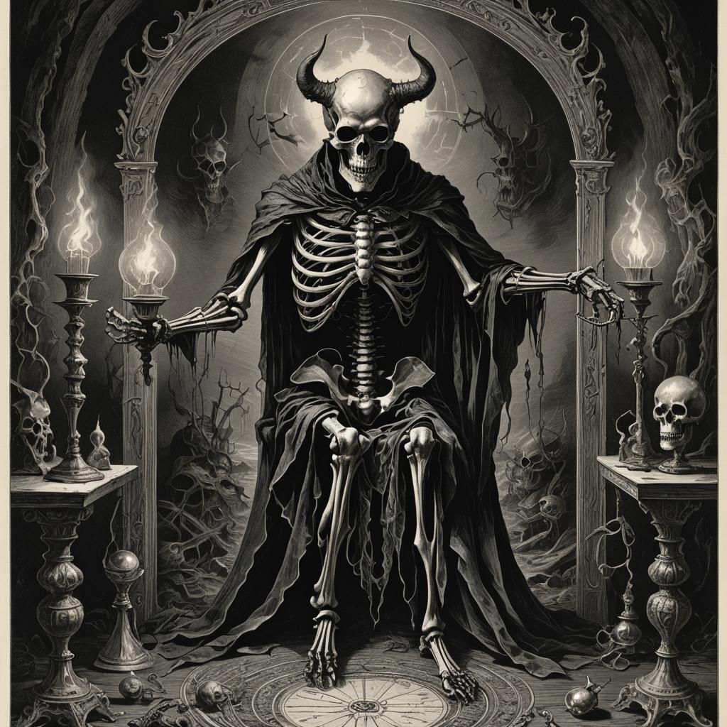 Tarot Card The Devil with Skeleton and Symbols