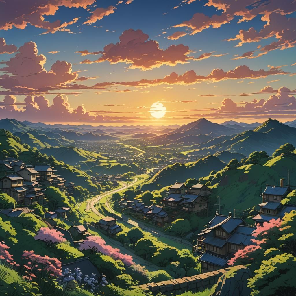 Valley Sunset in Studio Ghibli Anime Style