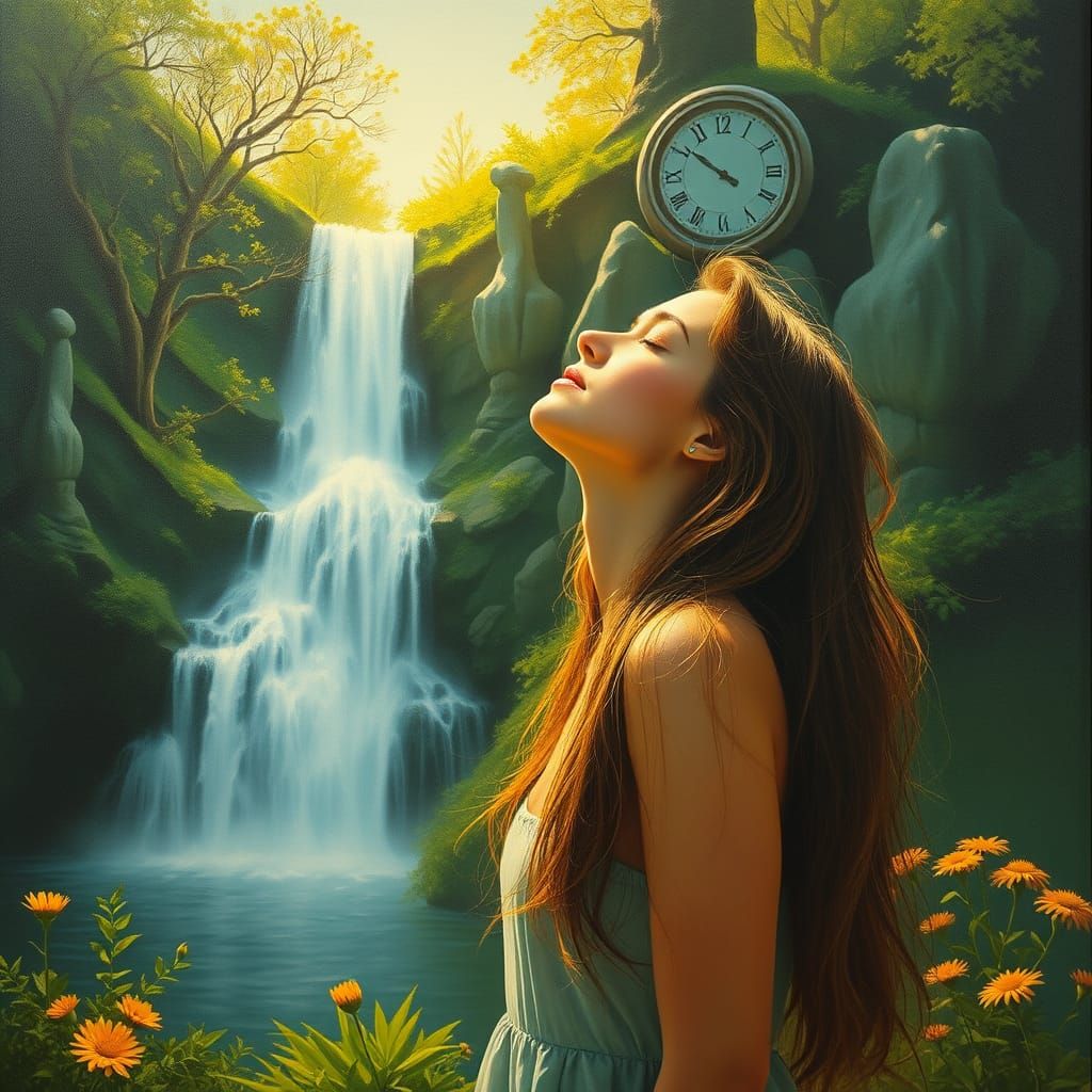 Serene Woman in Dreamlike Landscape with Waterfall and Golde...