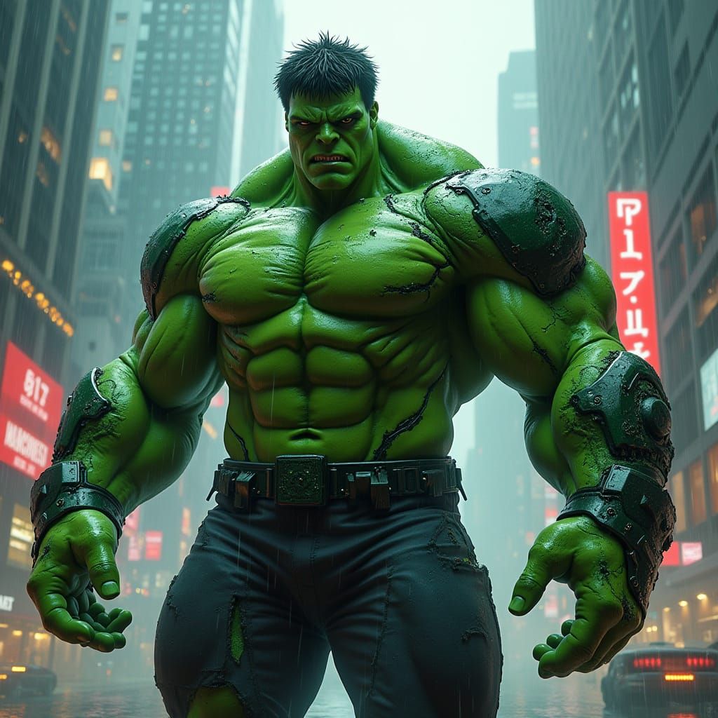Cyberpunk Hulk: Grizzled Bounty Hunter in Neon-Drenched Metr...