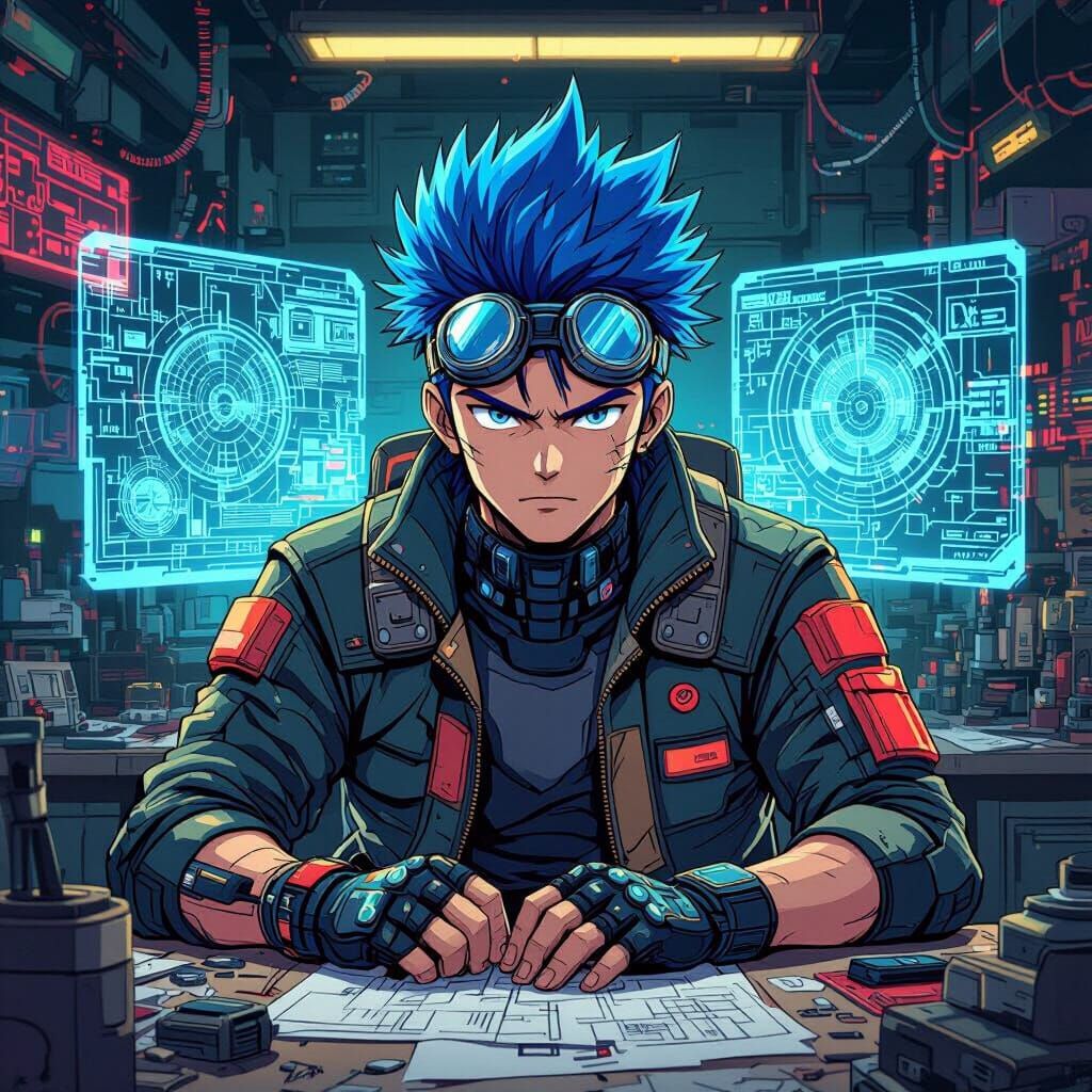 Anime Engineer with Blue Hair in Cyberpunk Style