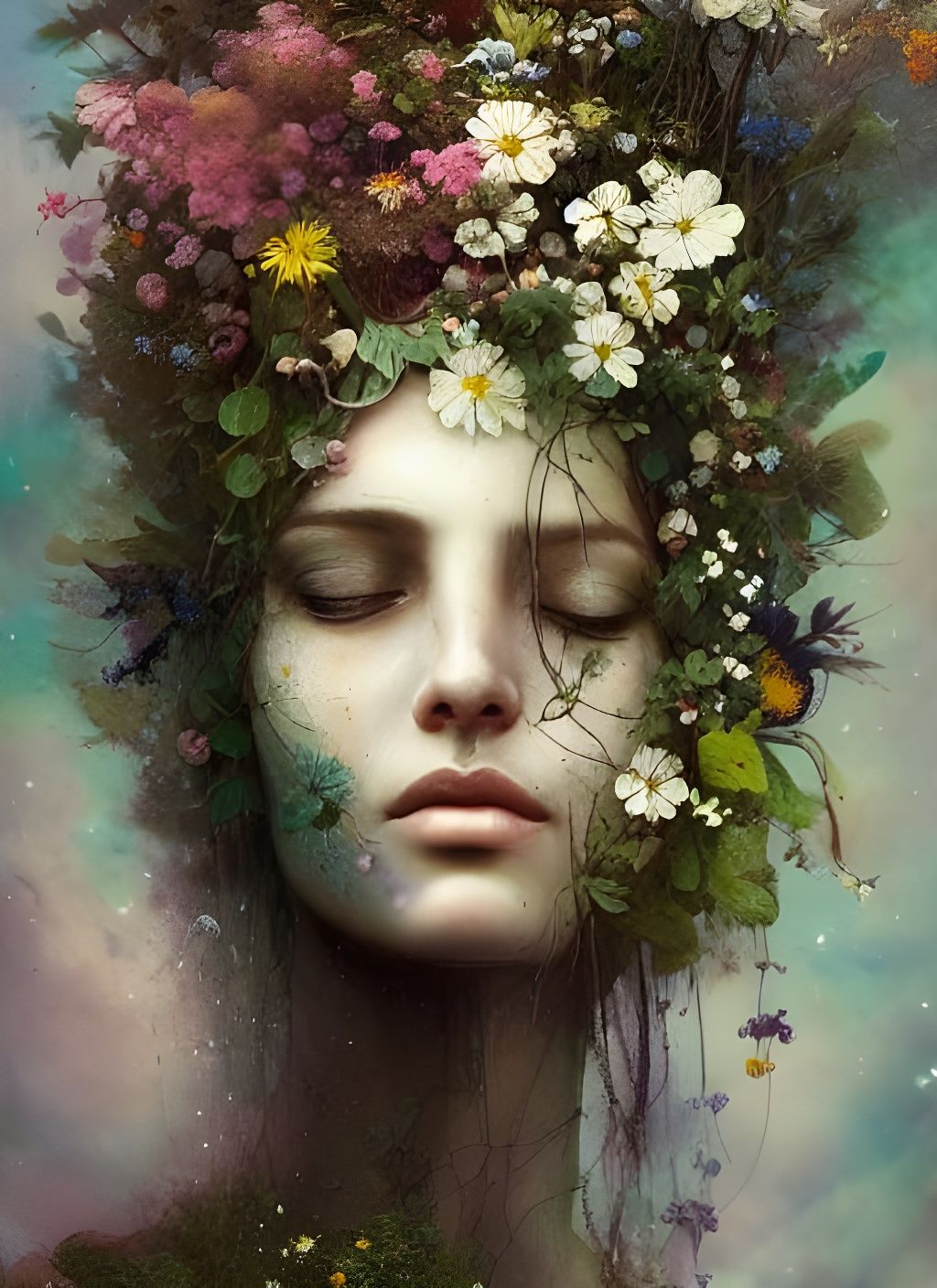 Ethereal Garden Goddess Portrait in Hyperrealistic Detail