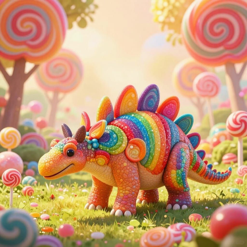 Rainbow Candy Stegosaurus in Whimsical Candy Land