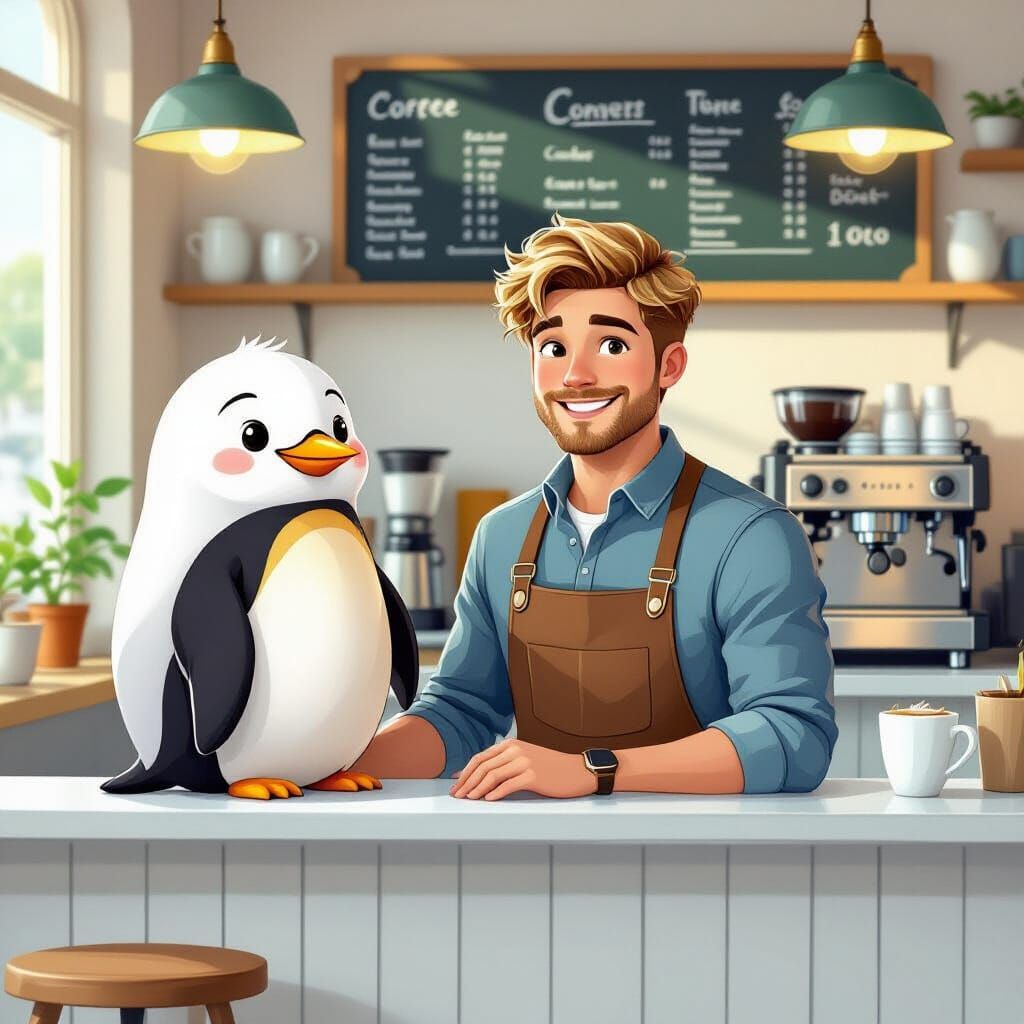 Handsome Barista with Penguin Companion in Cozy Coffee Shop