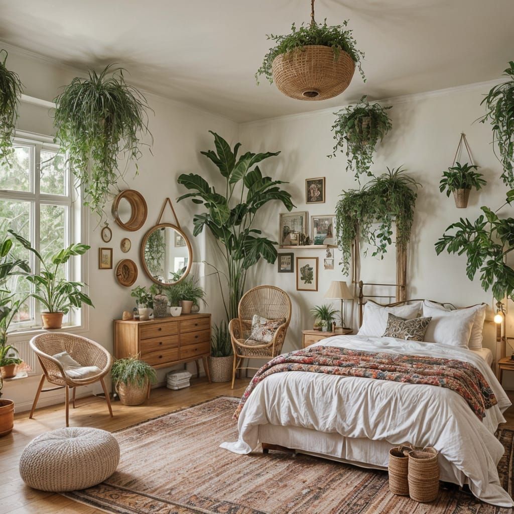 Bohemian Bedroom with Lush Greenery in Hyperrealistic Style