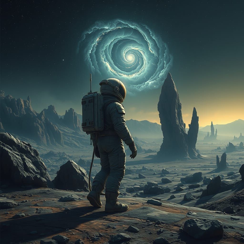 Astronaut Gazes at Nebula on Alien Planet