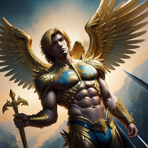 Golden Angel with Sword in Heaven: Realistic Rendering