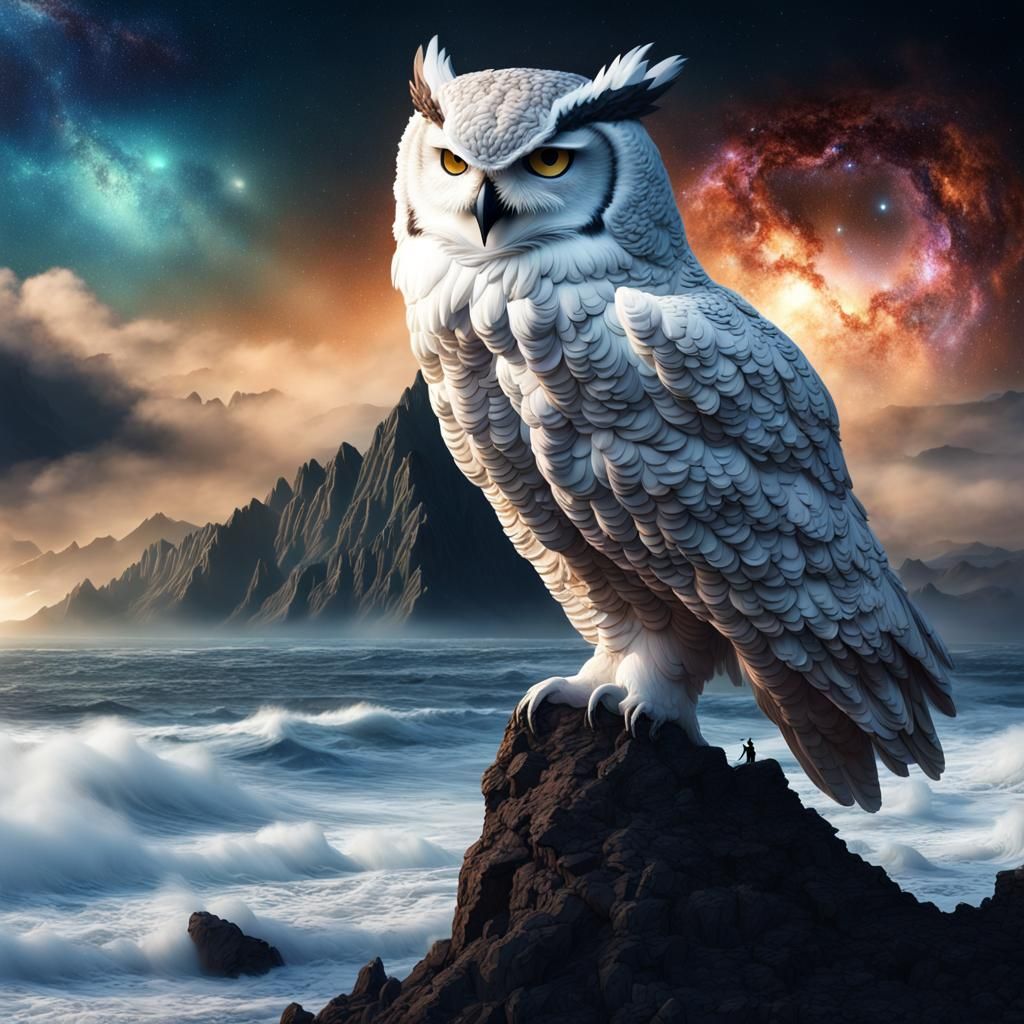 A mountain surrounded by a rough ocean. Ontop of the mountain peak in the foreground a giant great horned owl...