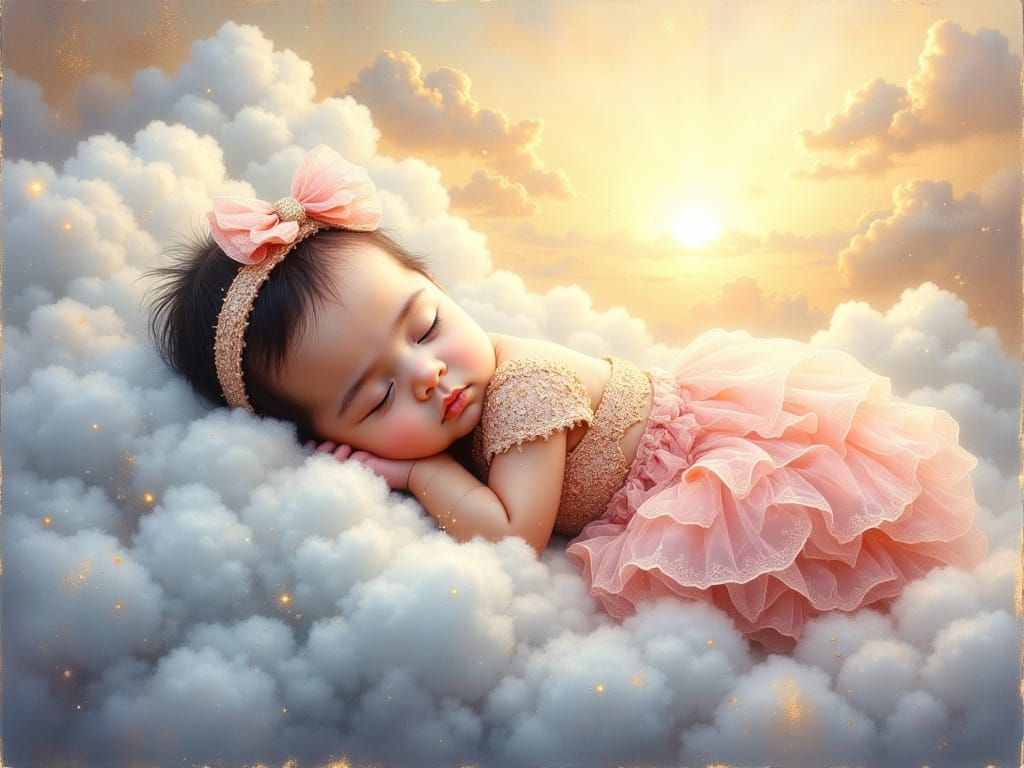 Adorable Baby Sleeping on Heavenly Cloud in Divine Oil Style