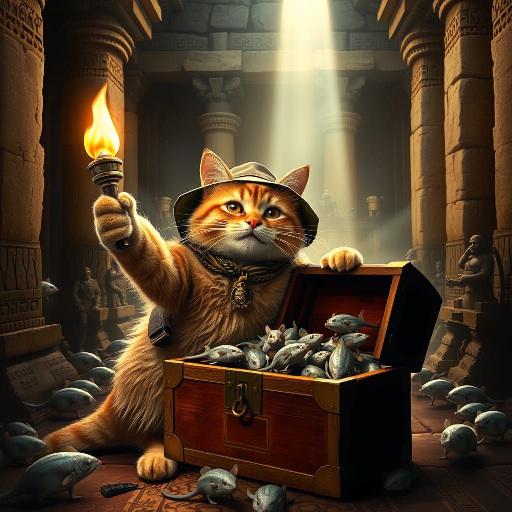 Feline Adventurer Cracks Ancient Chest in Dark Temple