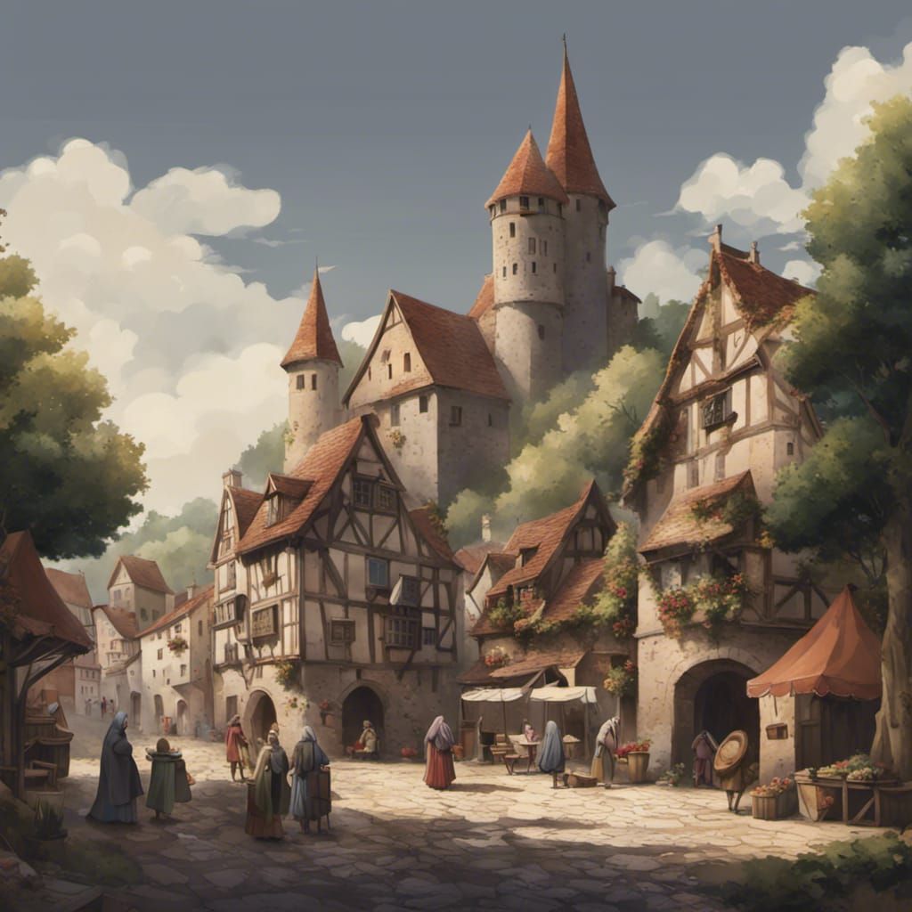 Medieval Market Scene with Castle