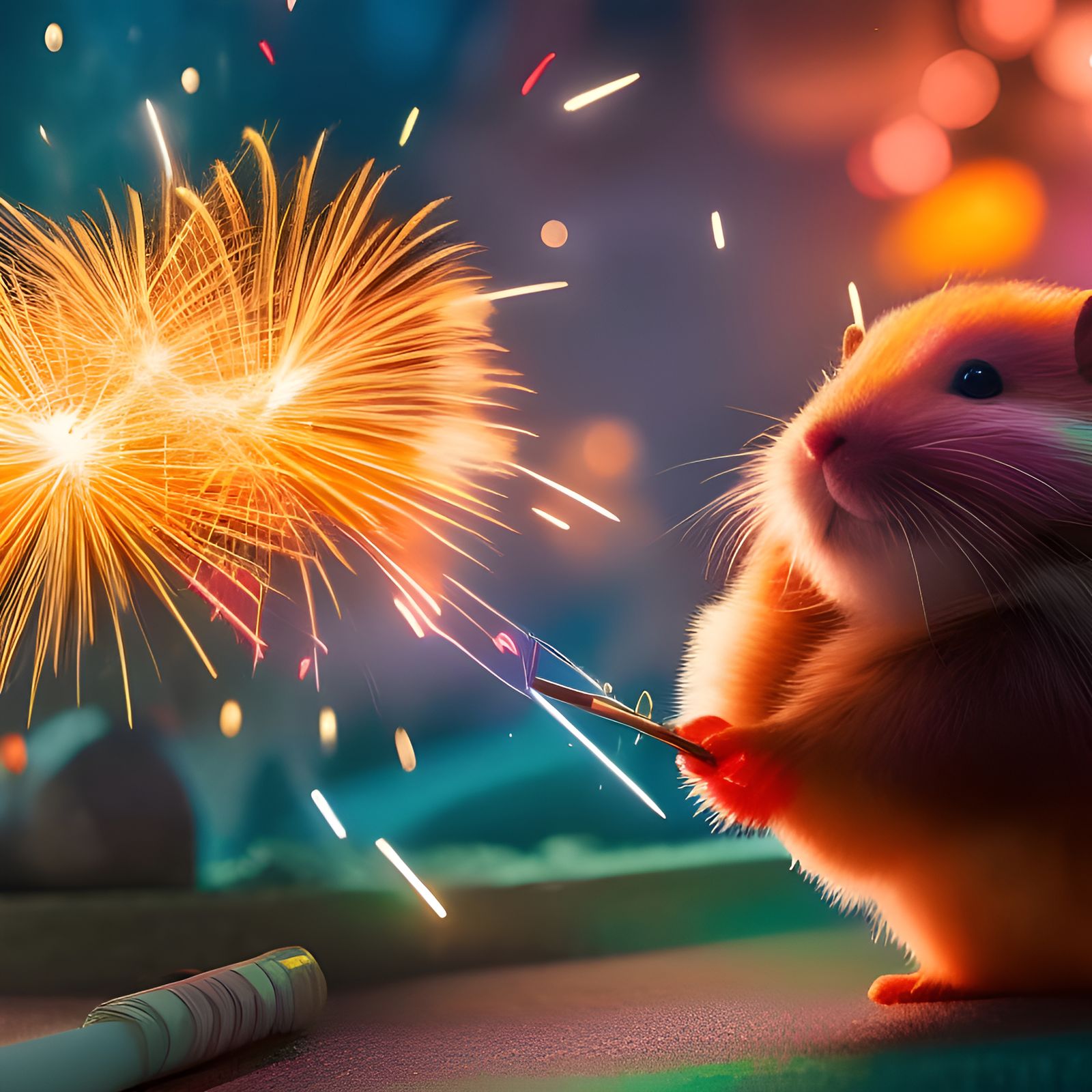 Joyful Hamster's Fireworks Display in Art Nouveau Style