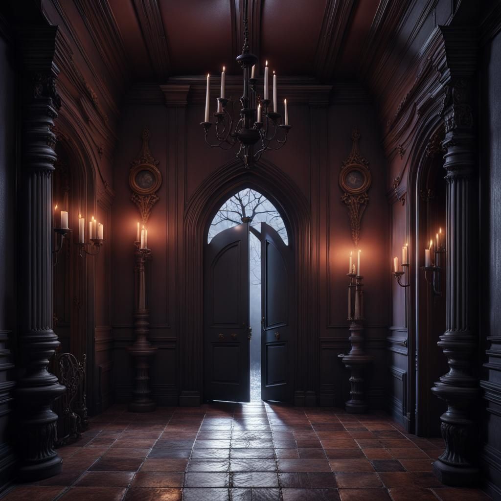 Creepy Gothic Mansion Hallway with Candles