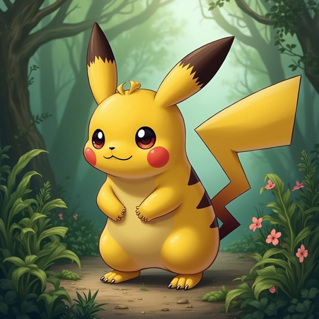Pikachu with Psyduck Head and Capybara Tail, Whimsical Fores...
