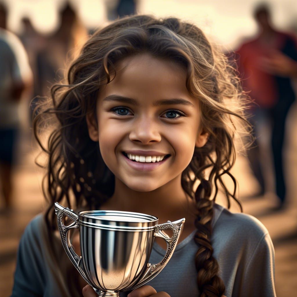 Happy Girl Celebrates Victory: Hyperrealistic Digital Art