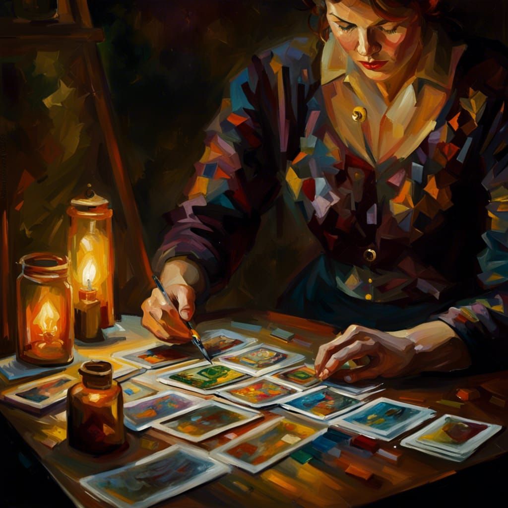 Impressionist Tarot Reader in Dimly Lit Studio