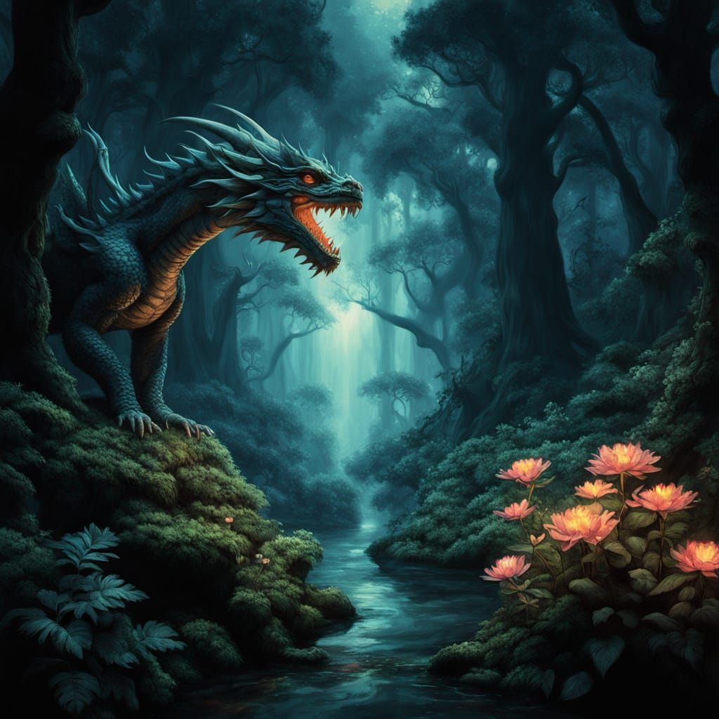 Dragon Entwined with Bioluminescent Flower in Forest