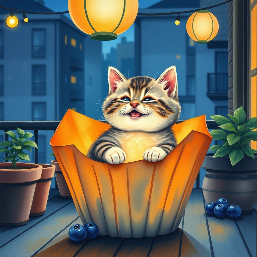 Glowing Kitten in Blueberry Muffin Lantern, Whimsical City S...