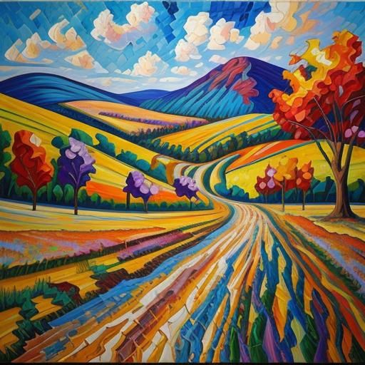 Mosaic Landscape in Neo-Impressionist Expressionist Style