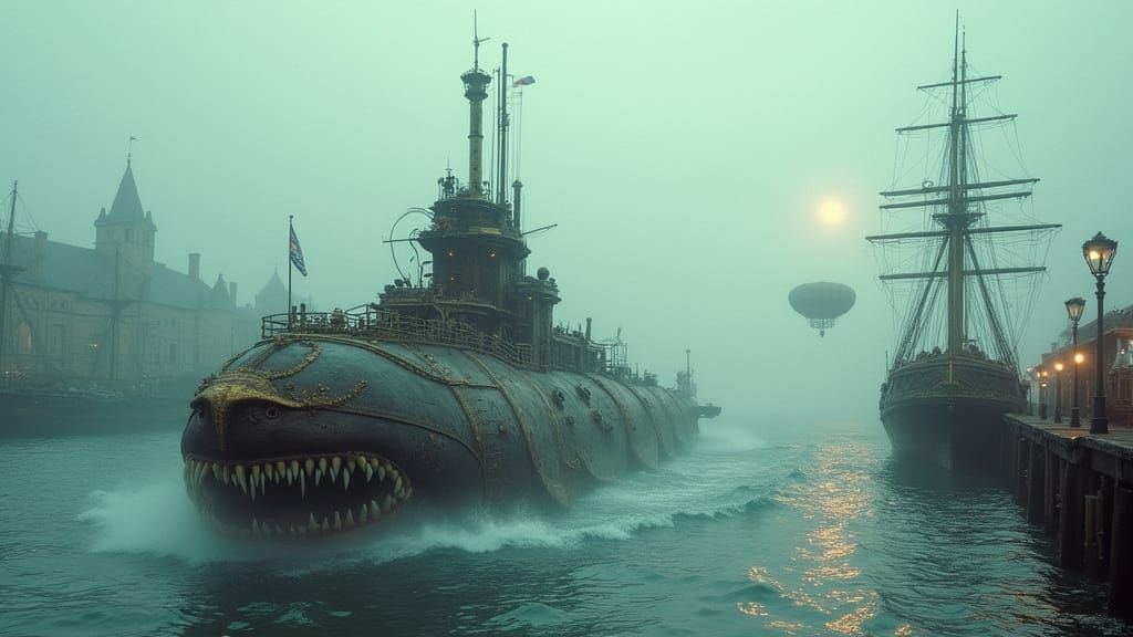 Steampunk Shark Submarine Arrives at Victorian Port