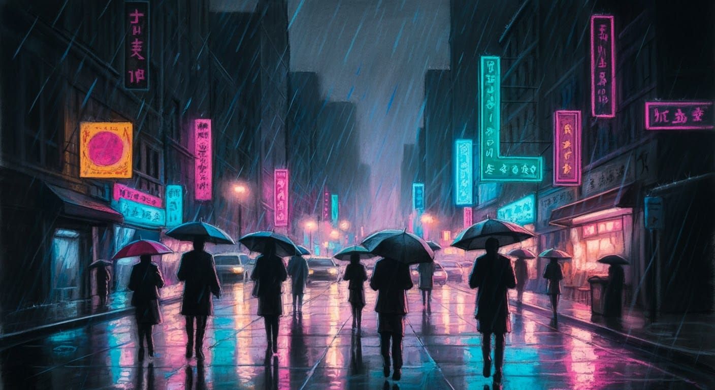 Rainy Cityscape with Neon Reflections in Charcoal Style