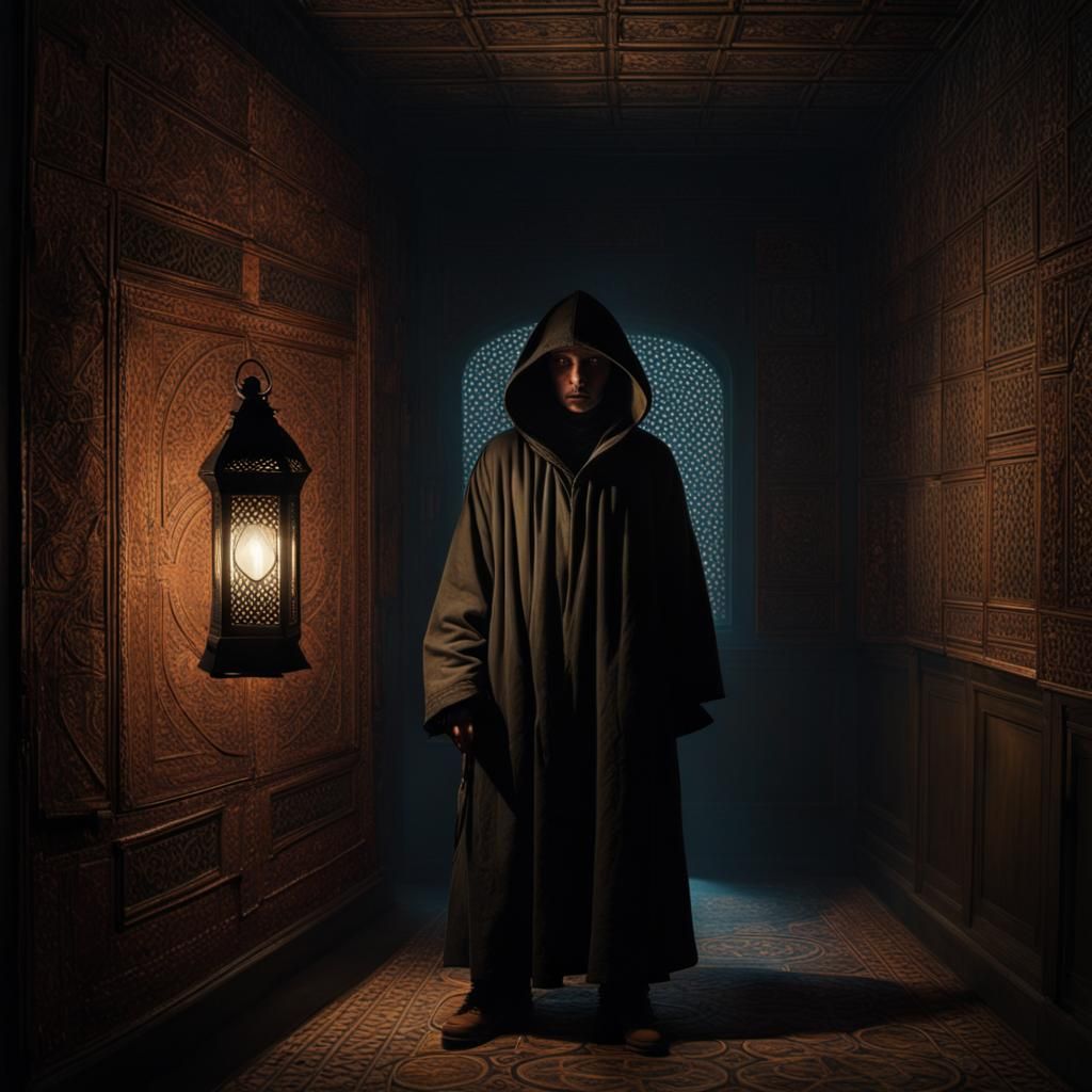 Enigmatic Hooded Figure Holding Lantern, Hyperrealistic Pain...