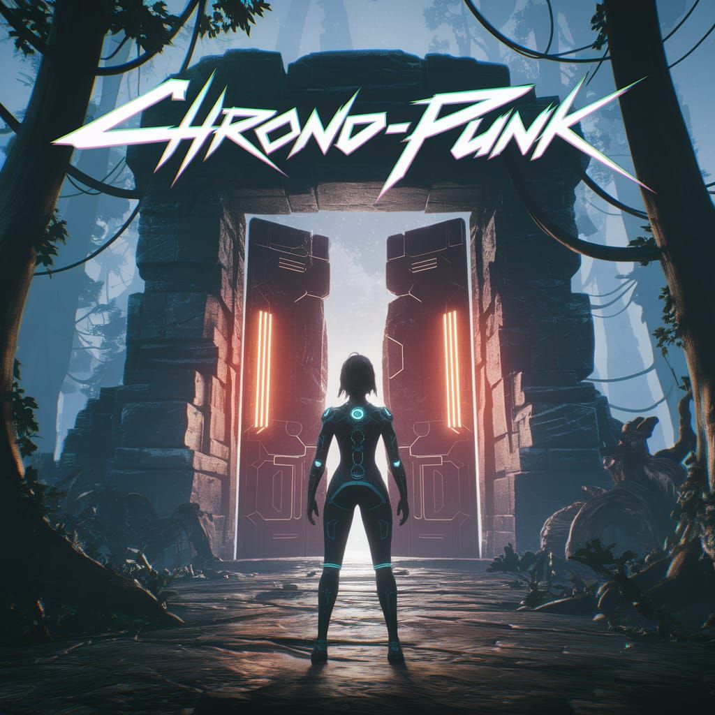 Cyberpunk Woman at Prehistoric Doorway