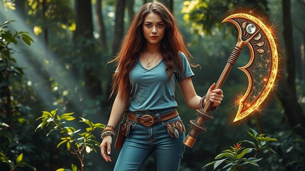 druid dressed in 1980s-style jeans and a t-shirt, standing i...