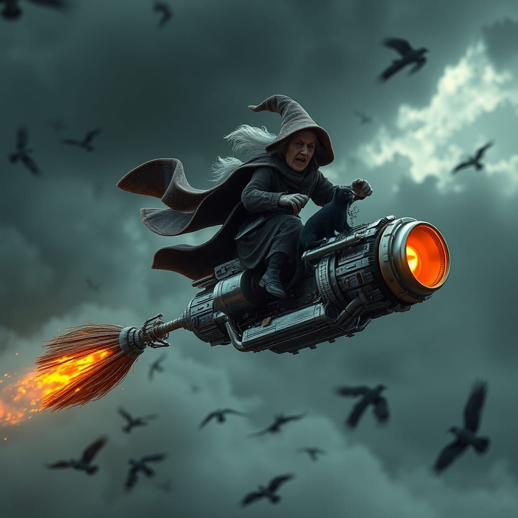 Angry Lady's Jet Broom Flight in Sci-Fi Style