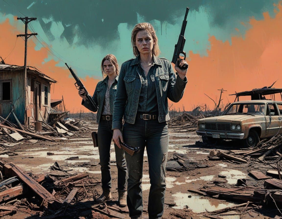 Expressionist Mother with Guns in American Wasteland