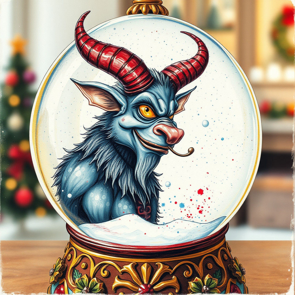 Krampus in Snow Globe: Conte Crayon Christmas Sketch