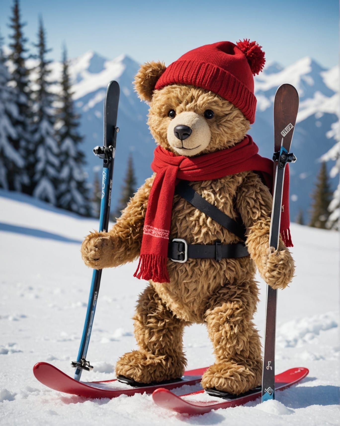 Vintage Steiff Teddy Bear on Skis in Snow