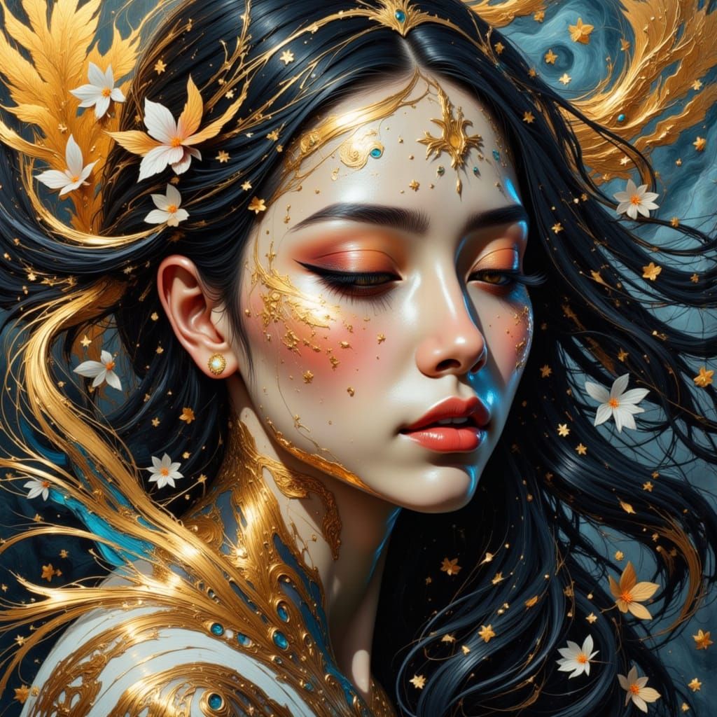 Ethereal Woman's Portrait in Gold and Black