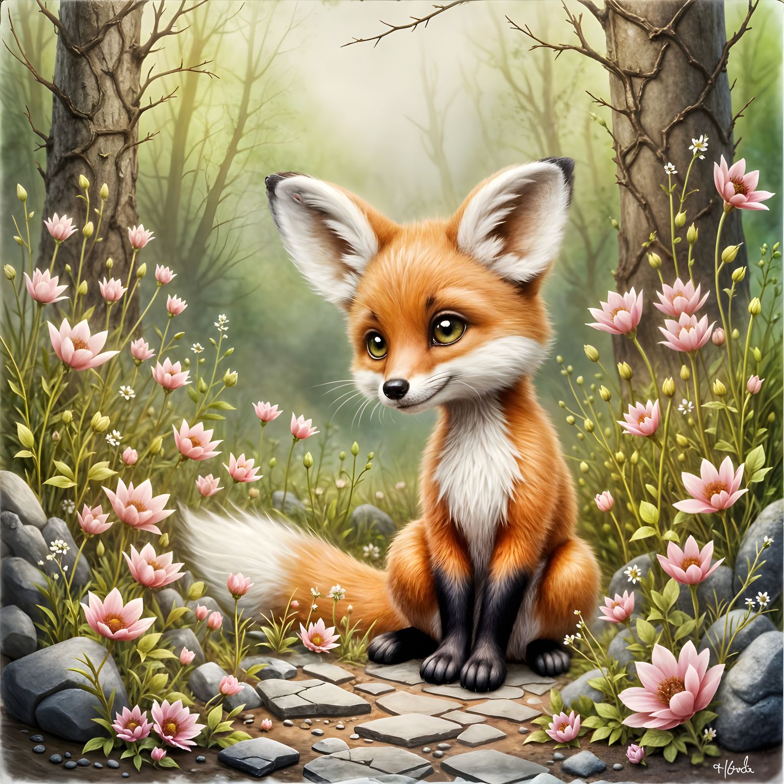 Cute Fox in Fantasy Fairytale Oil Painting